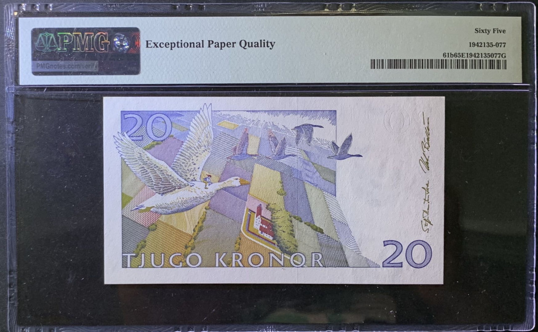 紫瑗钱币——微拍第99期—纸币场 瑞典 1994-1995年 骑鹅旅行记 20克朗 初版 PMG 65 EPQ （P-61b）