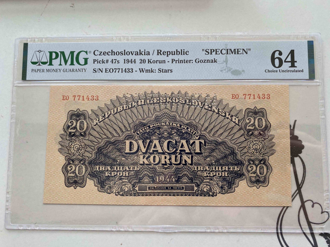 【收藏联盟】第160期拍卖——收官！（共81拍） 捷克斯洛伐克1944年20克朗  PMG64 O771433 票样