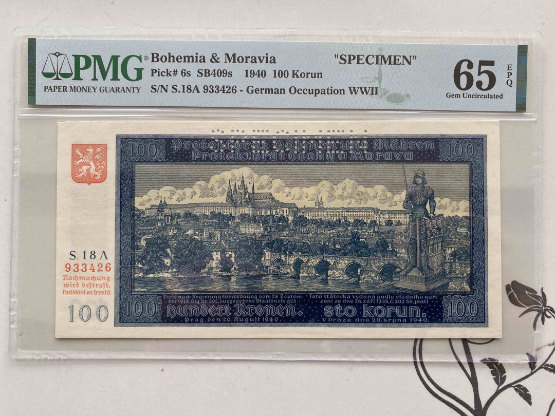 【收藏联盟】第160期拍卖——收官！（共81拍） 波希米亚和摩拉维亚 1940年 100克朗 PMG 65EPQ 933426 票样
