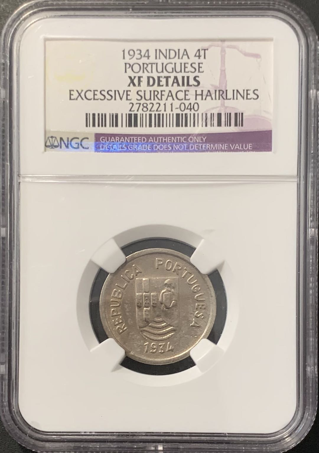 紫瑗钱币——微拍第100期 葡属印度 1934年 4唐卡 NGC XF Detail 少见