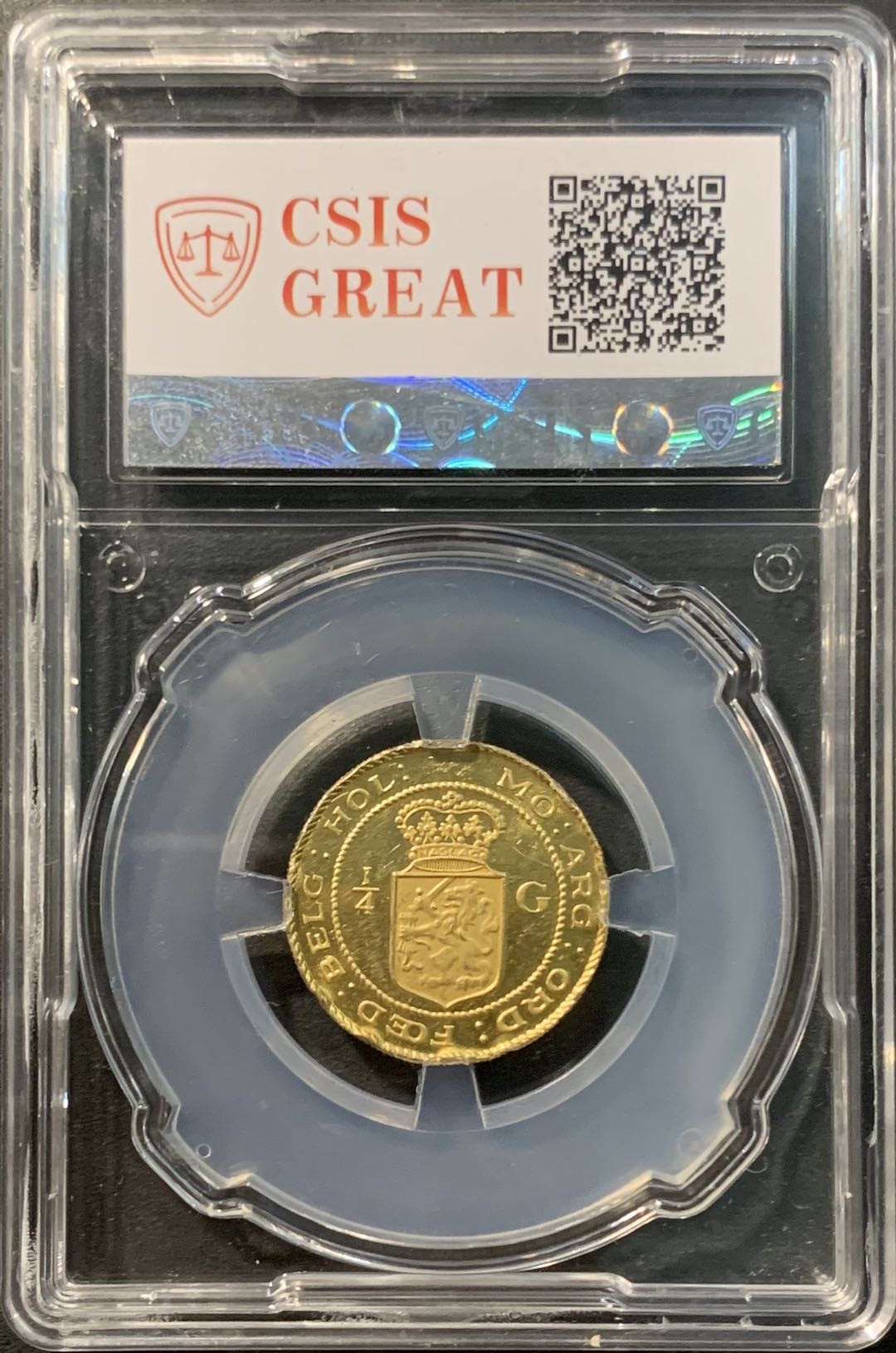 紫瑗钱币——微拍第100期 荷属巴达维亚 1802年 1/4古尔登 贸易金币 5.19克 0.999金 后铸 CSIS AU53