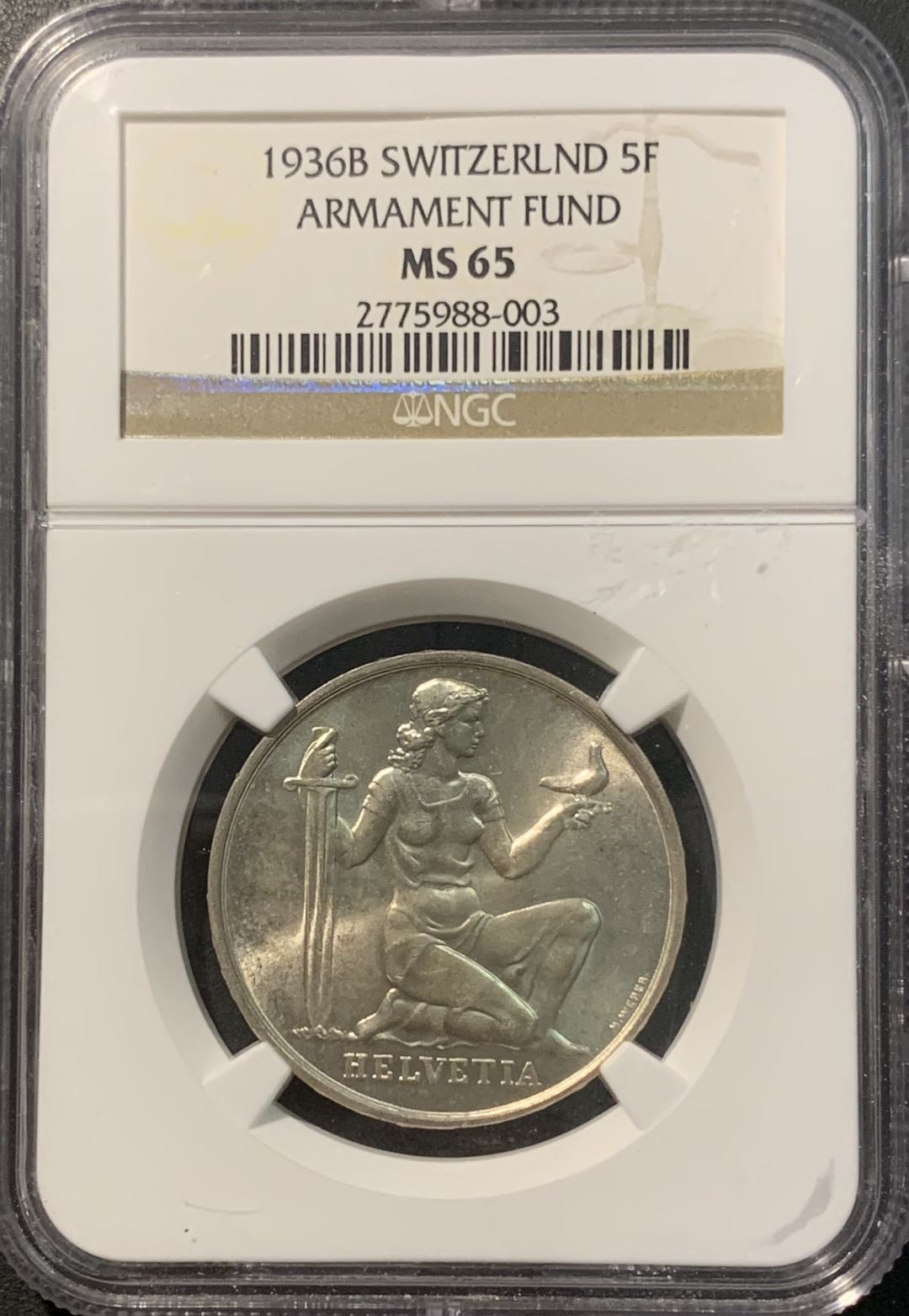 紫瑗钱币——微拍第100期 瑞士 1936年 军备基金 5法郎 NGC MS65