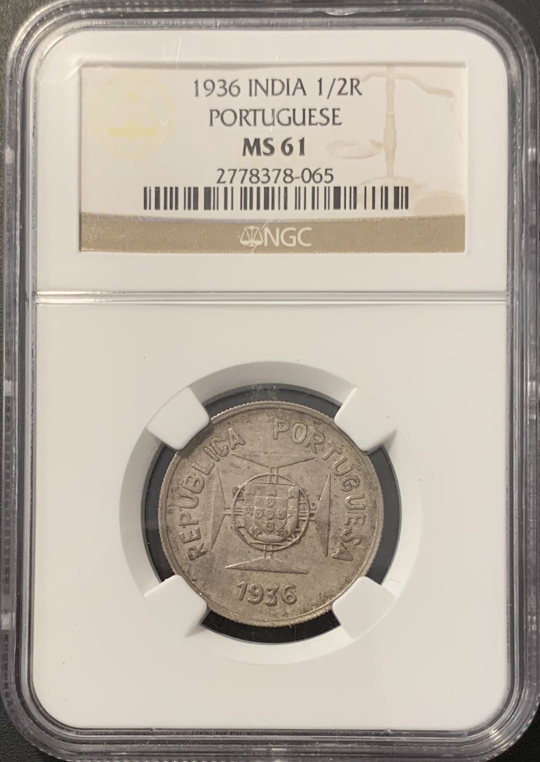 紫瑗钱币——微拍第100期 葡属印度 1936年 1/2卢比 NGC MS61