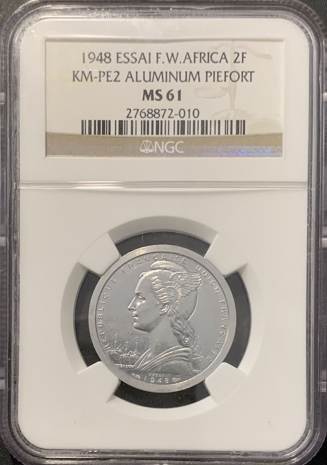 紫瑗钱币——微拍第100期 法属西非 1948年 2法郎 加厚样币 NGC MS61 （PE-2)