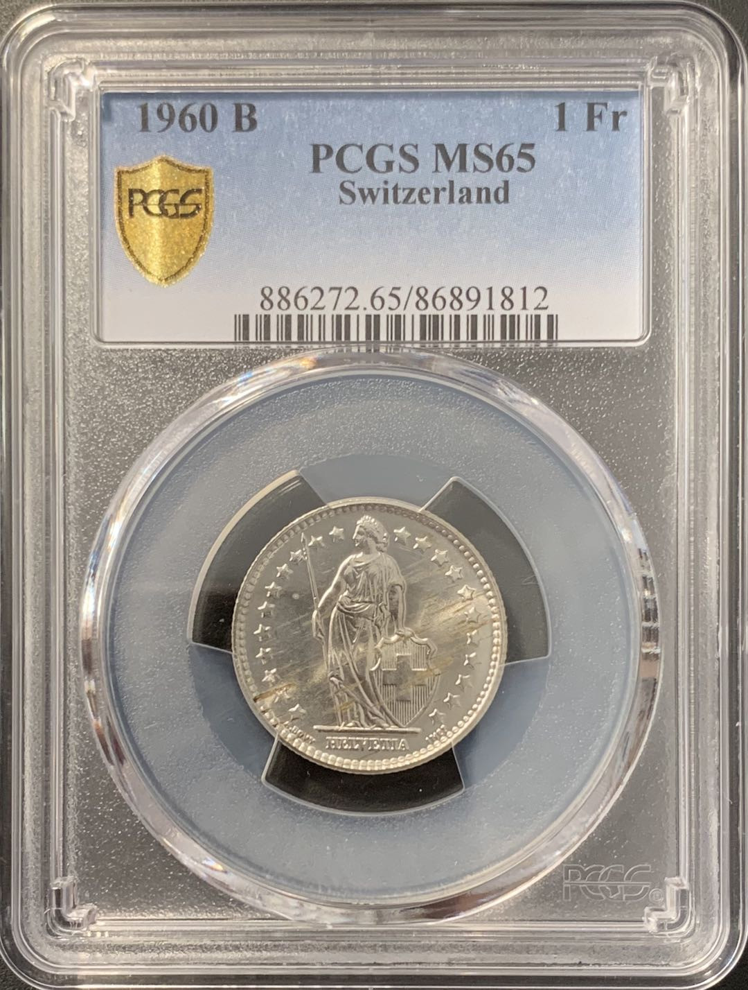 紫瑗钱币——微拍第100期 瑞士 1960年B 赫尔维蒂女神 1法郎 PCGS MS65