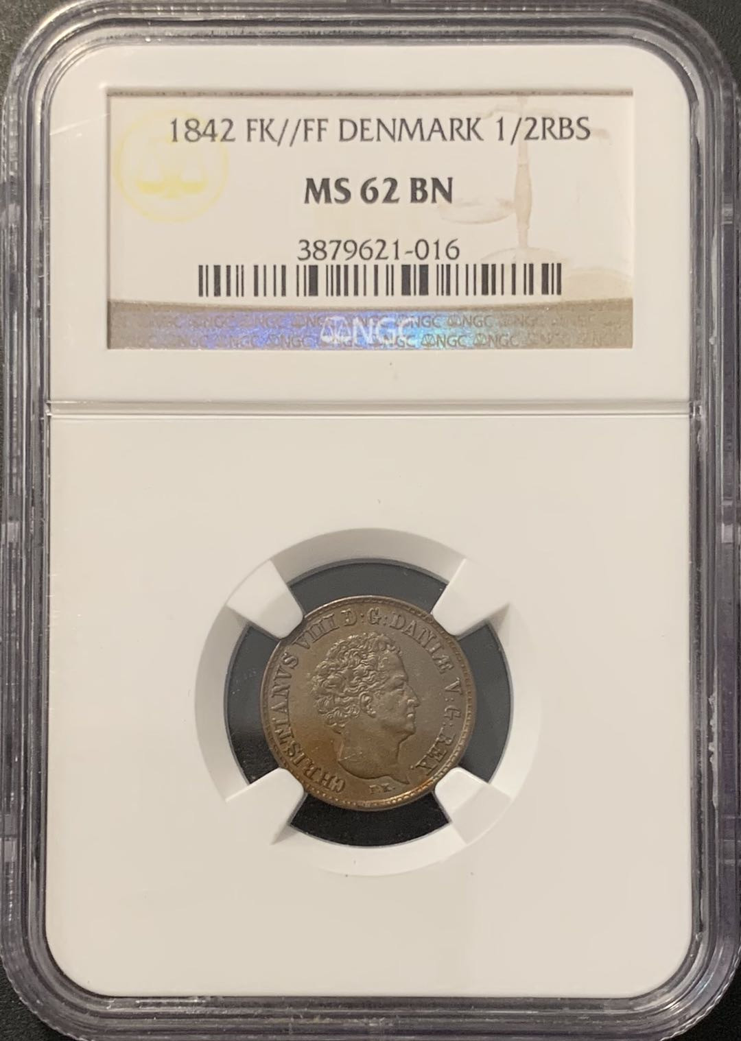 紫瑗钱币——微拍第100期 丹麦 1842年 克里斯蒂娜八世 1/2RBS NGC MS62BN