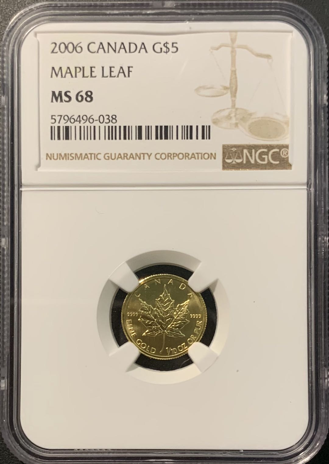 紫瑗钱币——微拍第100期 加拿大 2006年 枫叶 5元 1/10盎司 3.11克 0.9999金 NGC MS68