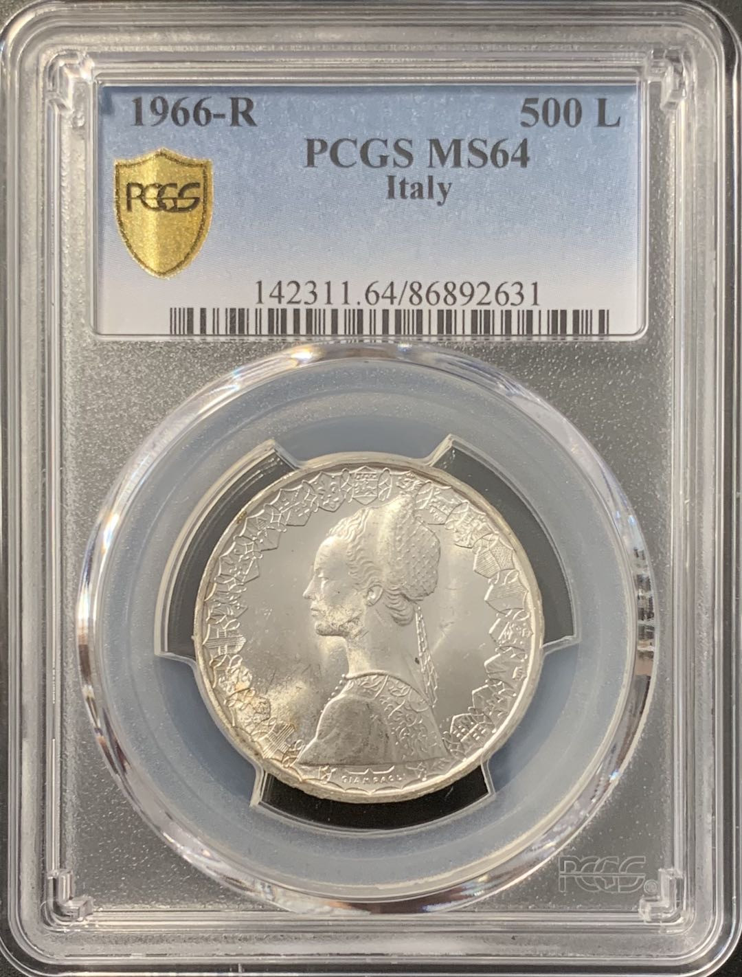 紫瑗钱币——微拍第100期 意大利 1966年 少女与帆船 500里拉 PCGS MS64