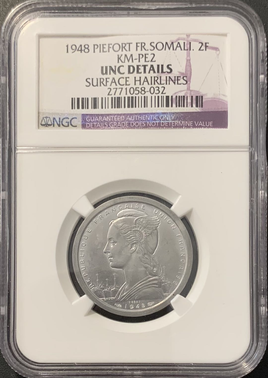 紫瑗钱币——微拍第100期 法属索马里 1948年 2法郎 加厚样币 NGC UNC Detail （PE-2）