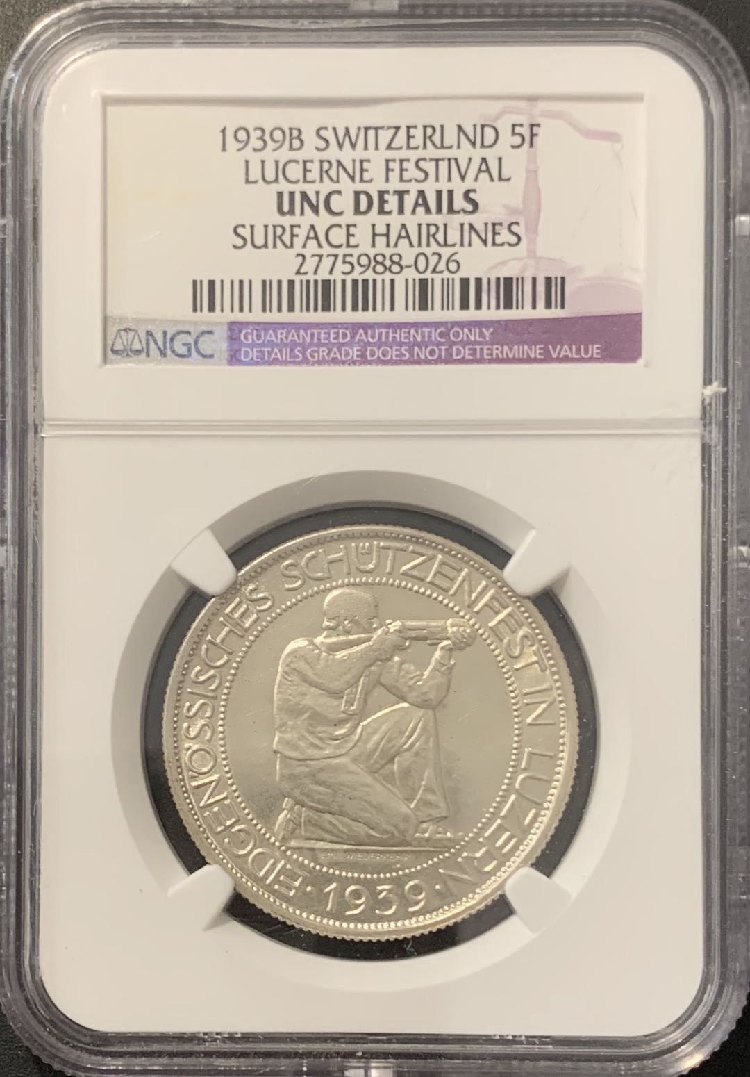 紫瑗钱币——微拍第100期 瑞士 1939年 卢塞恩射击节 5法郎 NGC UNC Detail