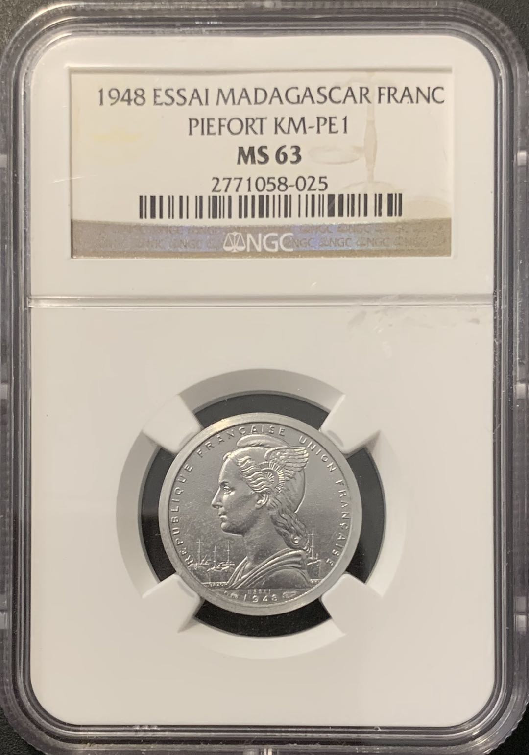 紫瑗钱币——微拍第100期 法属马达加斯加 1948年 1法郎 加厚样币 NGC MS63 （PE-1）