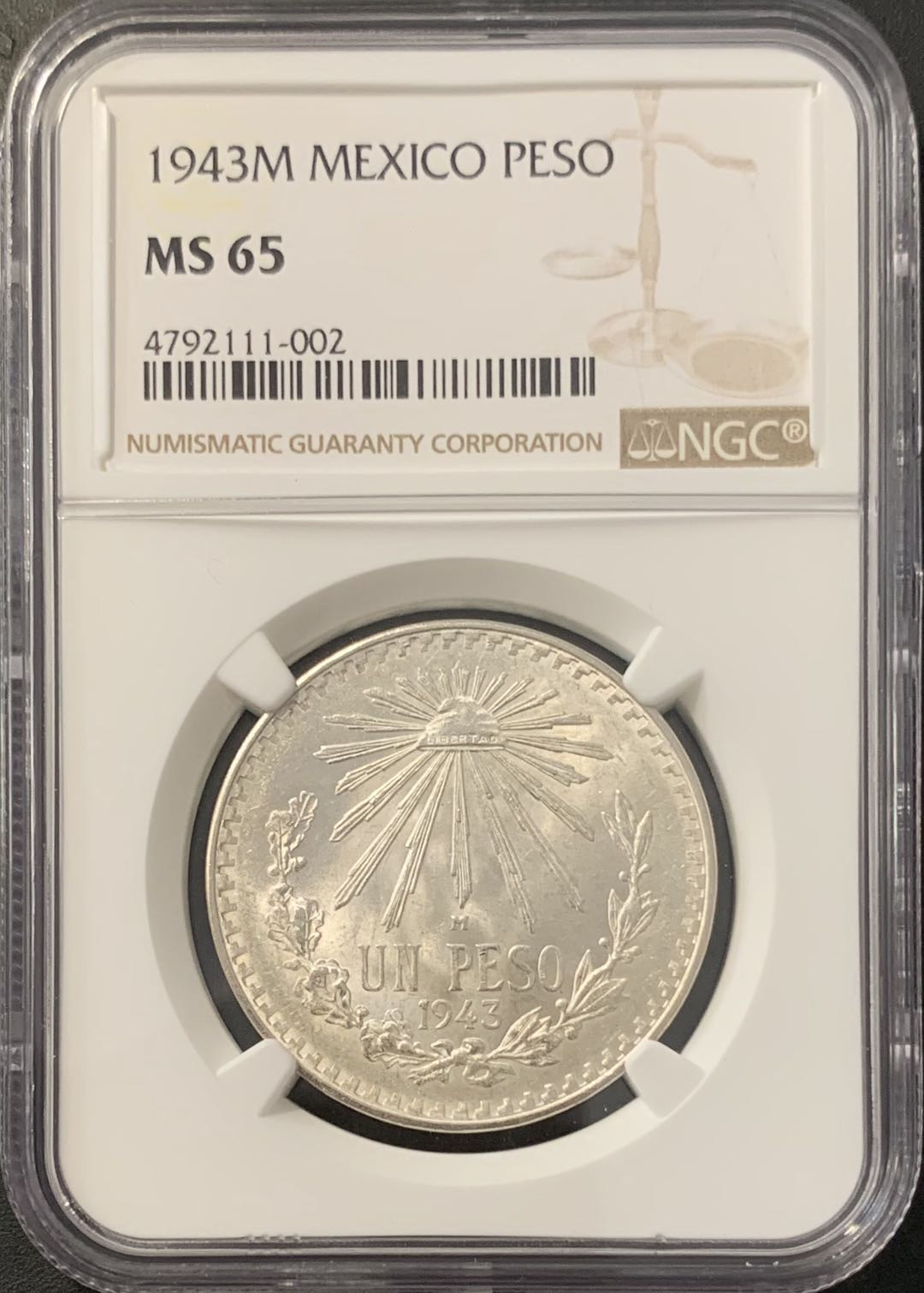 紫瑗钱币——微拍第100期 墨西哥 1943年 鹰洋 1比索 NGC MS65