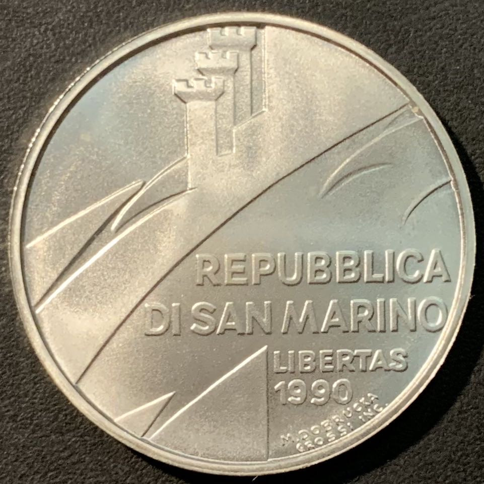 紫瑗钱币——微拍第100期 圣马力诺 1990年 建国1600周年 1000里拉 14.6克 0.835银 曝光 BU