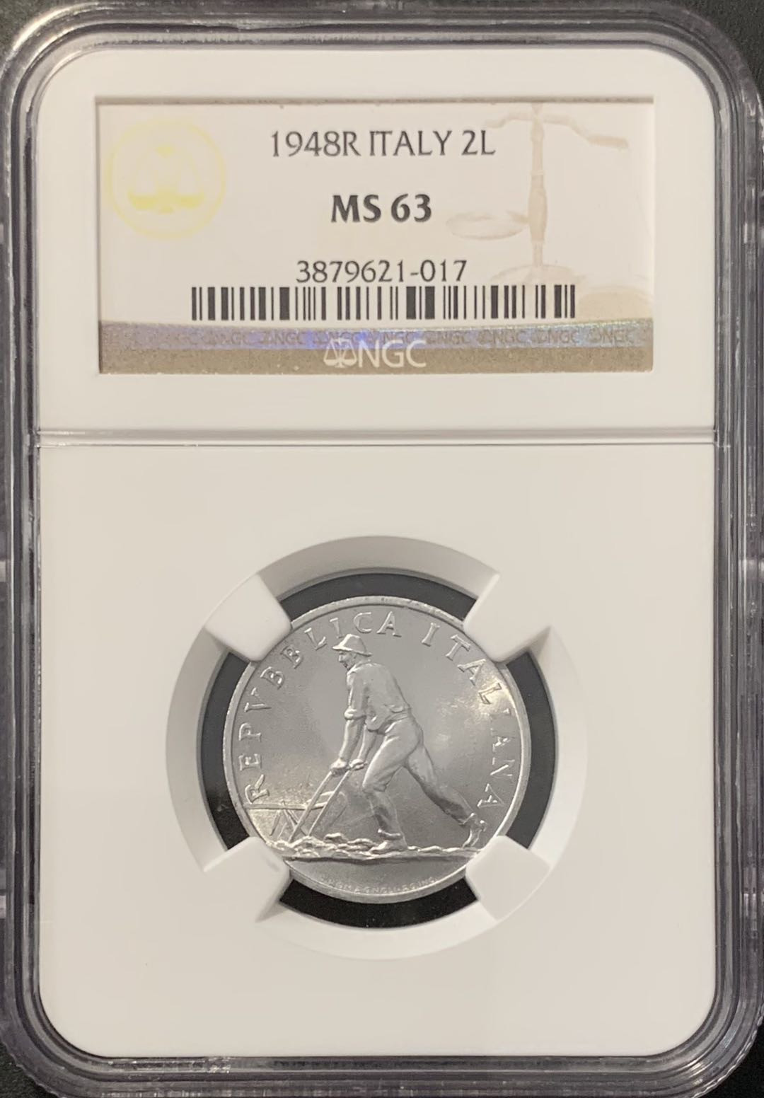 紫瑗钱币——微拍第100期 意大利 1948年 农民耕地 2里拉 NGC MS63