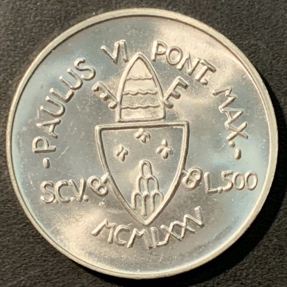 紫瑗钱币——微拍第100期 梵蒂冈 1975年 圣年-宽恕 500里拉 11克 0.835银 曝光 BU