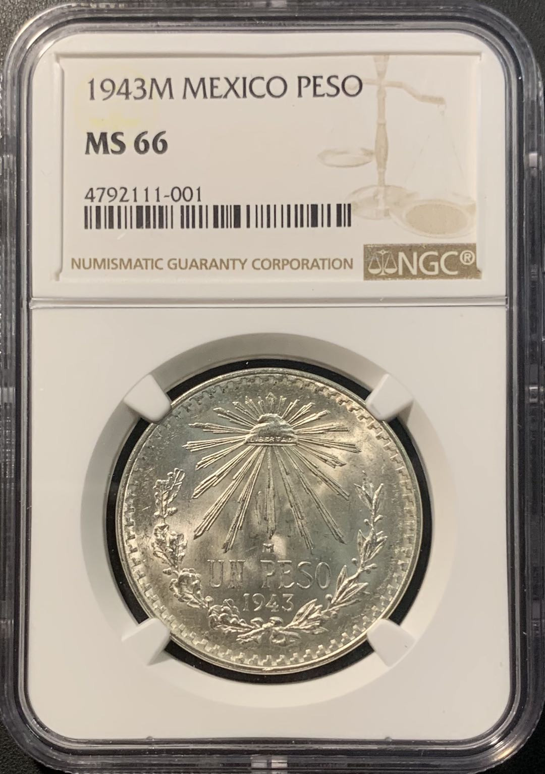 紫瑗钱币——微拍第100期 墨西哥 1943年 鹰洋 1比索 NGC MS66