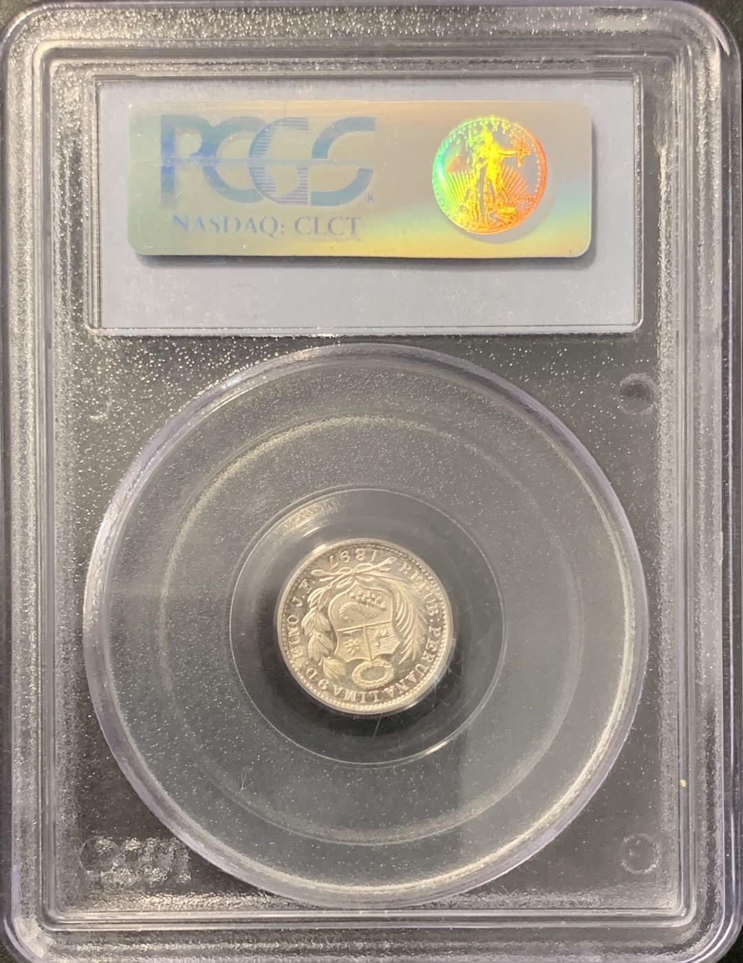 紫瑗钱币——微拍第100期 秘鲁 1897年 坐人 1/2D  PCGS MS66
