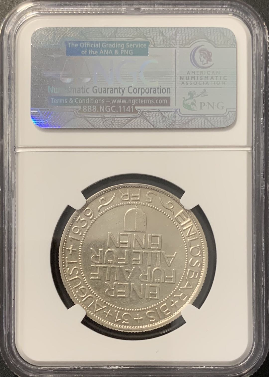 紫瑗钱币——微拍第100期 瑞士 1939年 卢塞恩射击节 5法郎 NGC UNC Detail