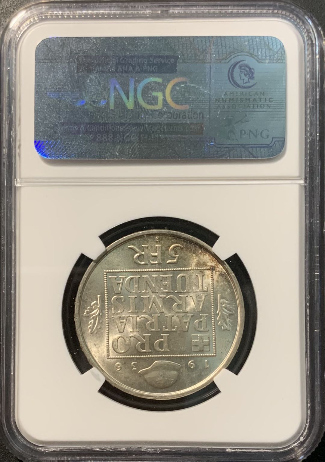 紫瑗钱币——微拍第100期 瑞士 1936年 军备基金 5法郎 NGC MS65