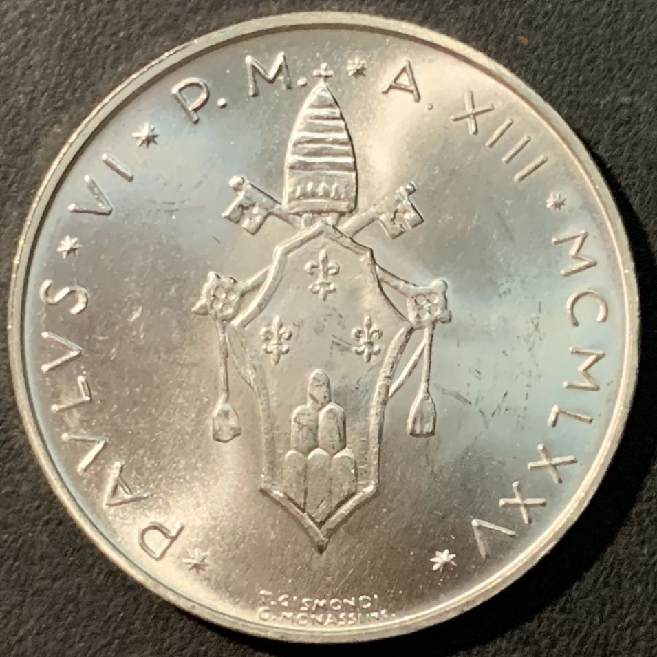 紫瑗钱币——微拍第100期 梵蒂冈 1975年 教皇 保罗六世 500里拉 11克 0.835银 曝光 BU