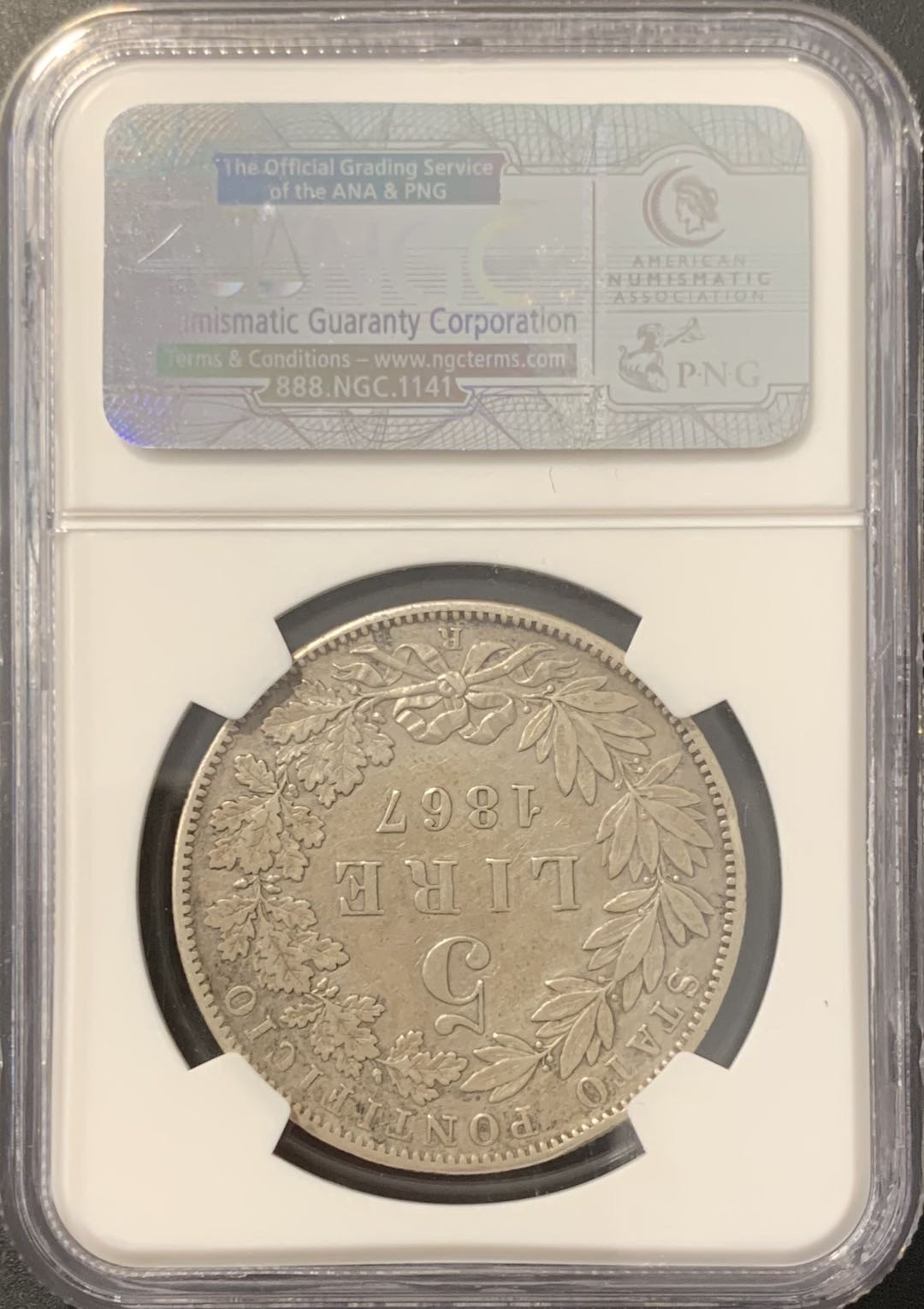 紫瑗钱币——微拍第100期 教皇国 1867年 庇护九世 5里拉 NGC XF Detail
