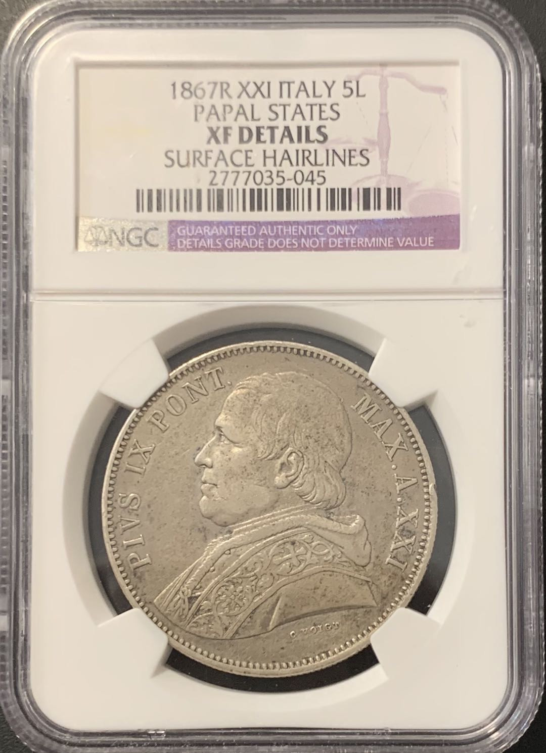 紫瑗钱币——微拍第100期 教皇国 1867年 庇护九世 5里拉 NGC XF Detail