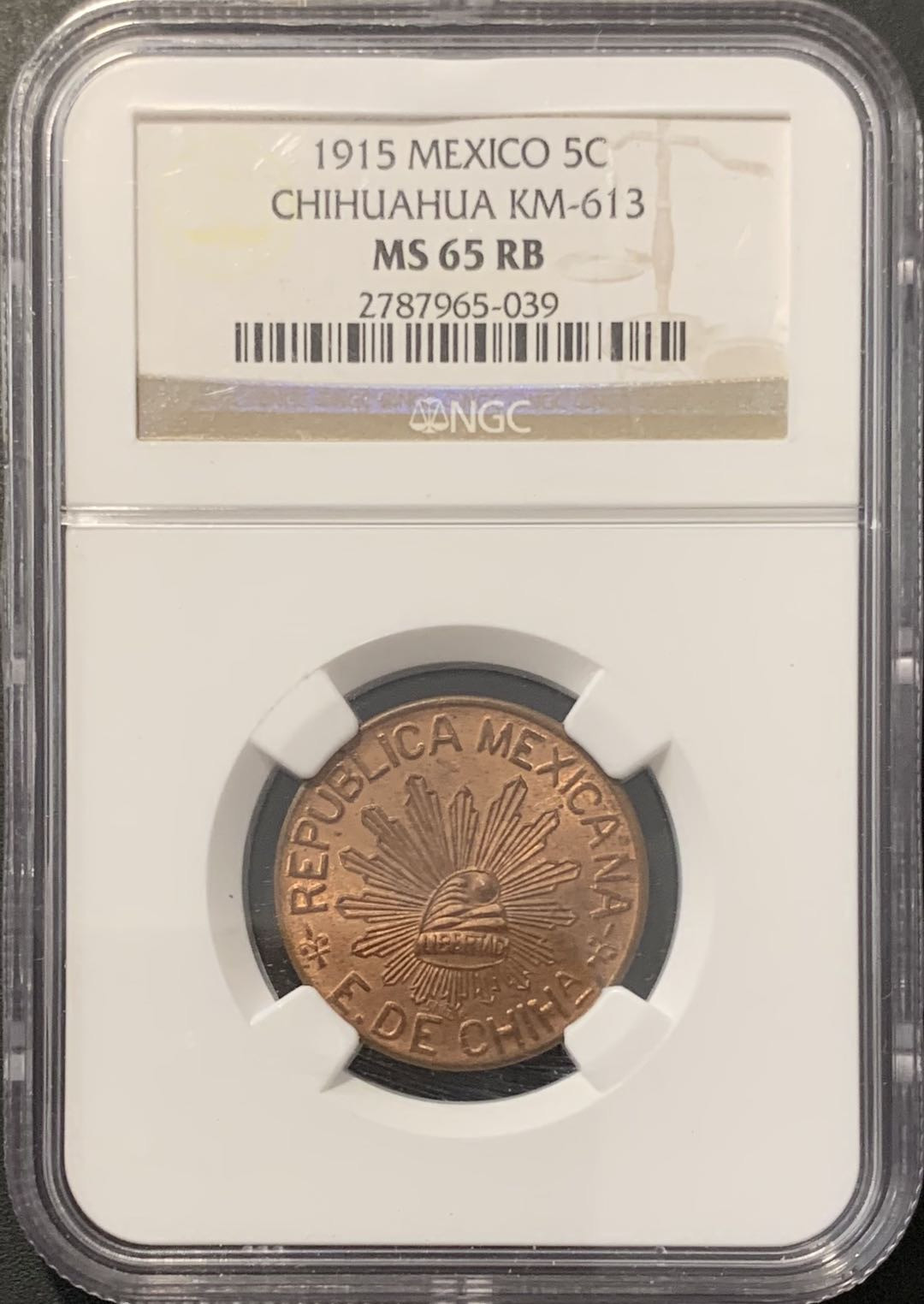 紫瑗钱币——微拍第100期 墨西哥 1915年 奇瓦瓦州 5分 NGC MS65RB