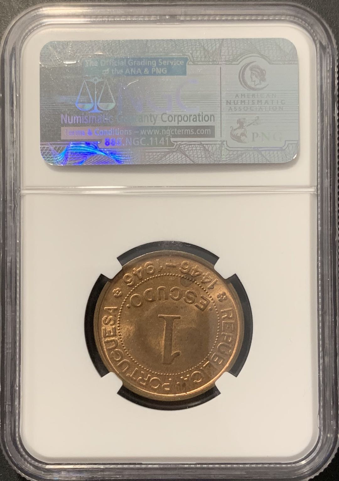 紫瑗钱币——微拍第100期 葡属几内亚 1946年 发现几内亚 1埃斯库多 NGC MS63RB