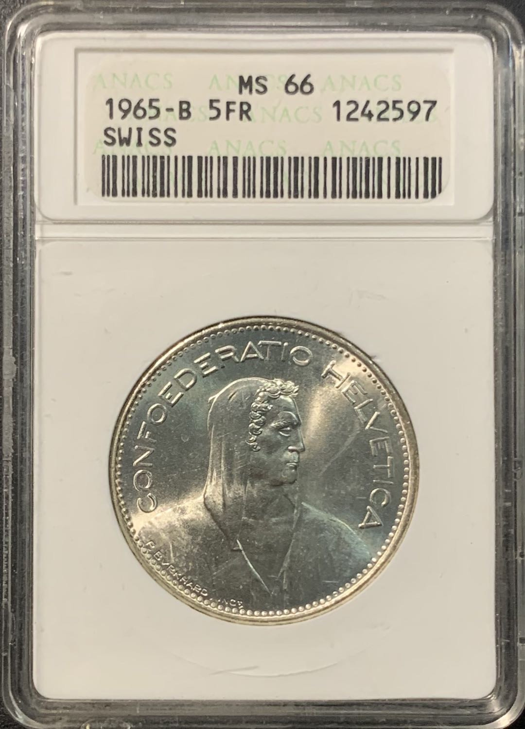 紫瑗钱币——微拍第100期 瑞士 1965年 威廉·退尔 5法郎 ANACS MS66（经典小白盒）