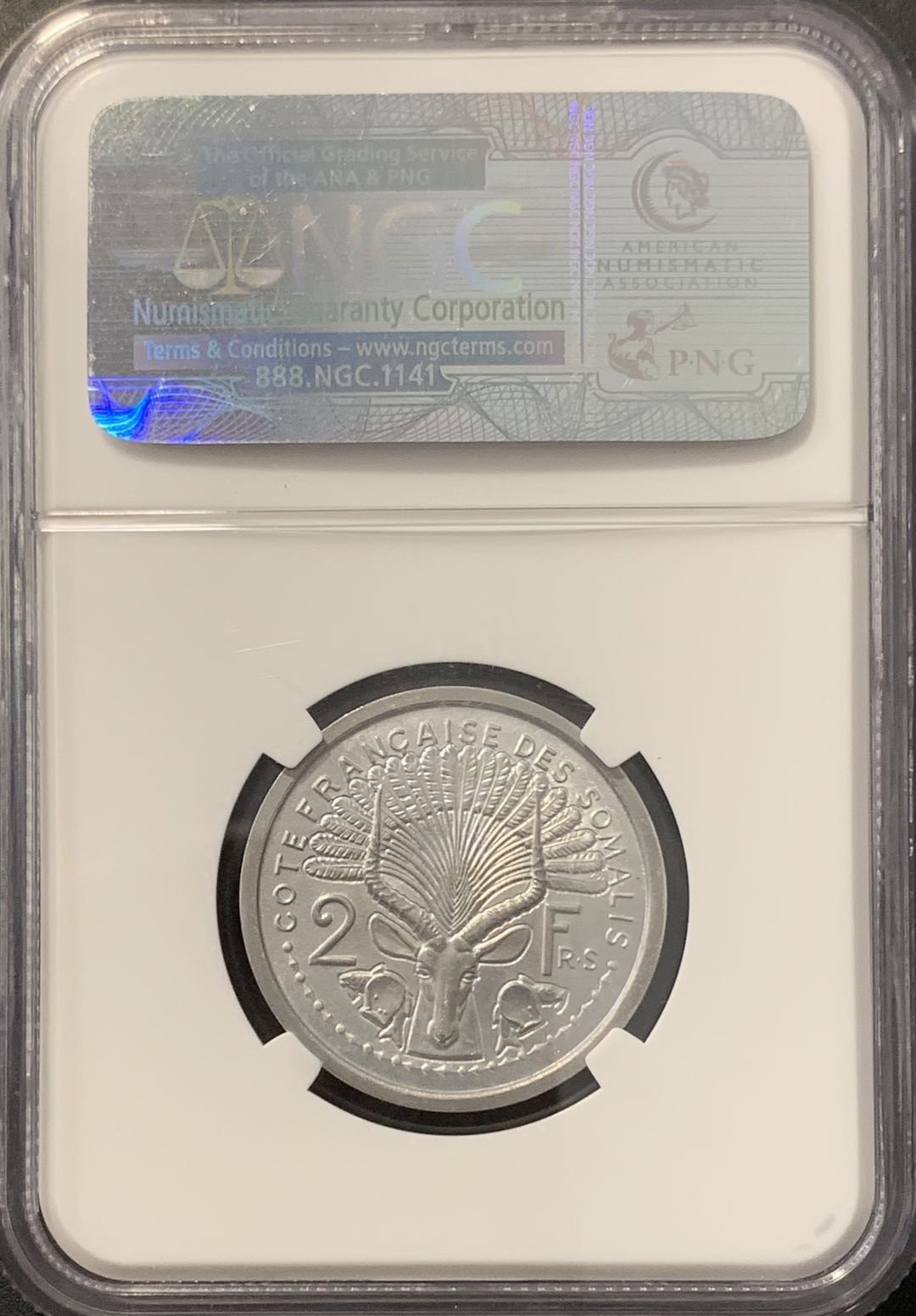 紫瑗钱币——微拍第100期 法属索马里 1948年 2法郎 加厚样币 NGC UNC Detail （PE-2）