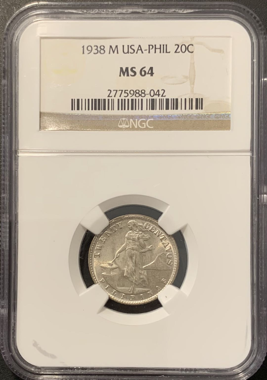 紫瑗钱币——微拍第100期 美属菲律宾 1938年 火山与女神 20分 NGC MS64
