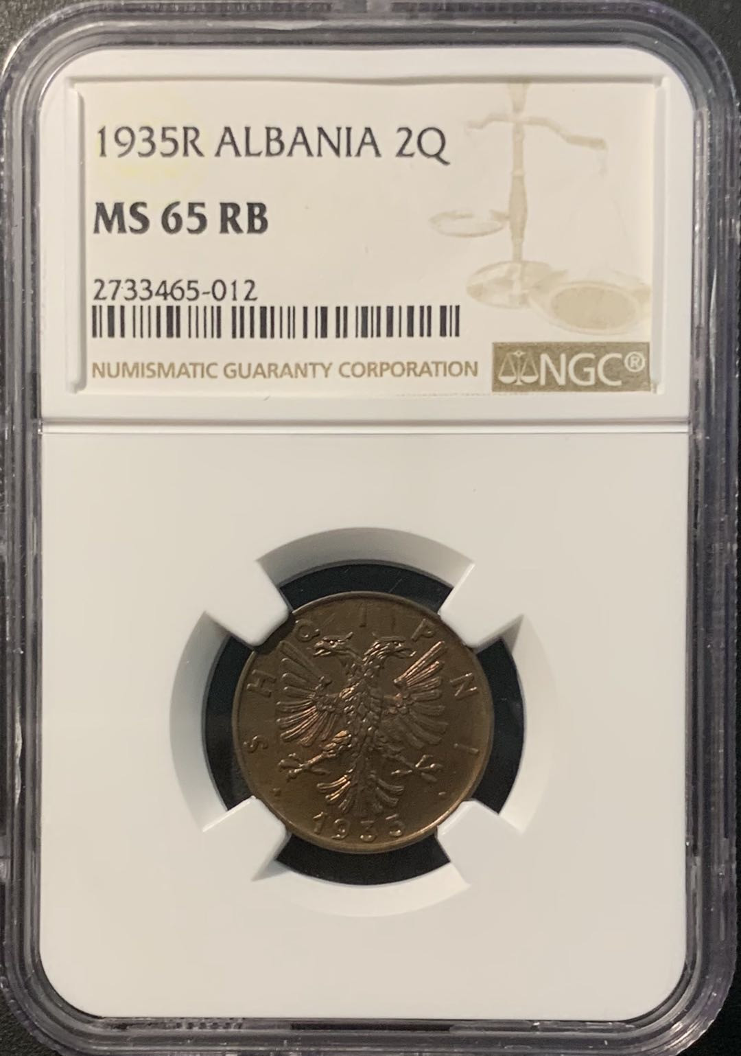 紫瑗钱币——微拍第100期 阿尔巴尼亚 1935年 2昆塔 NGC MS65RB