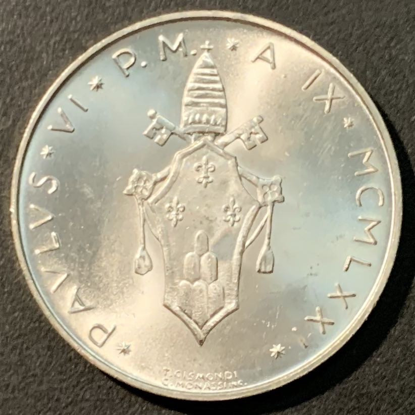 紫瑗钱币——微拍第100期 梵蒂冈 1971年 教皇 保罗六世 500里拉 11克 0.835银 曝光 BU