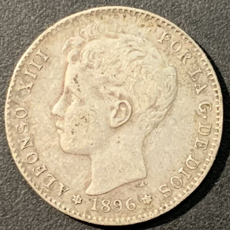 紫瑗钱币——微拍第100期 西班牙 1896年 阿方索十三世 少年头 1比塞塔 5克 0.835银