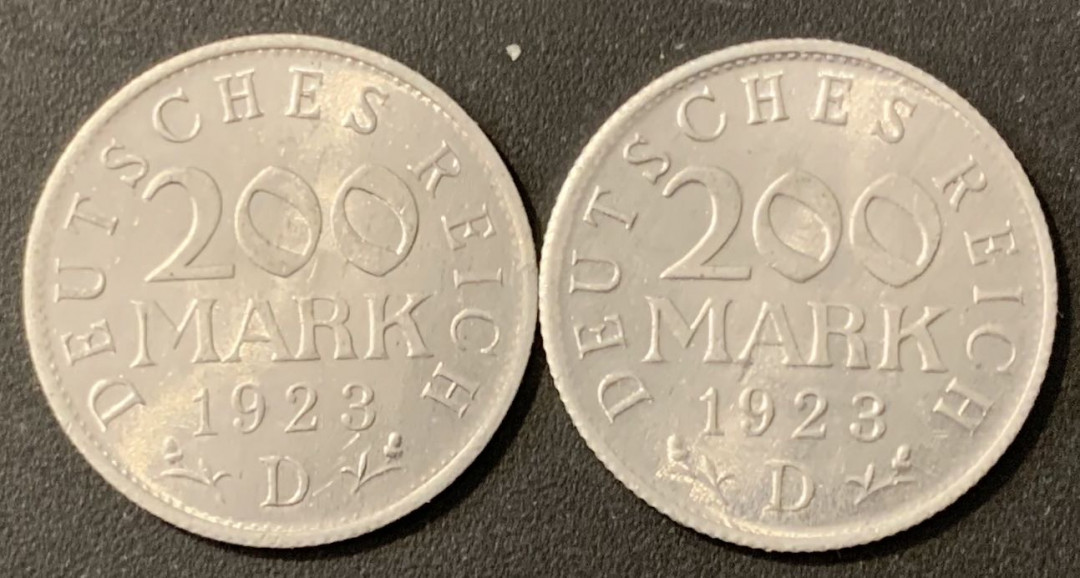 紫瑗钱币——微拍第100期 德国 1923年 魏玛时期 200马克 铝币 2枚一组 UNC