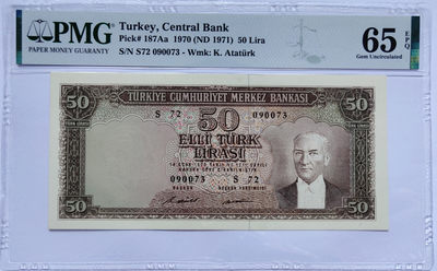 【Blue Auction】世界纸币精拍第十六期（阔别一年，好礼相赠） - 土耳其 1971年 50里拉 PMG65EPQ 绝品稀少 双面雕刻 国父凯末尔 稀少