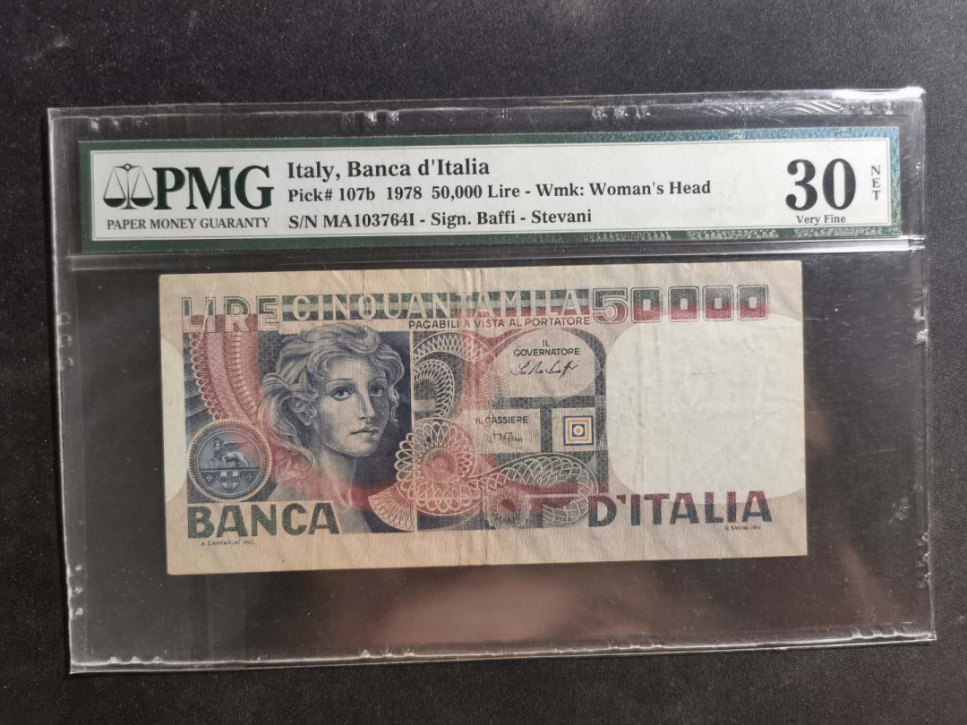 【鲸贝乐淘】千字文·第“交友投分，切磨箴规”号拍卖 【意大利🇮🇹 】1978年50000里拉，PMG30NET 