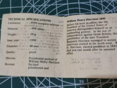 燕姐换藏第三十七拍 1998年第九任美国总统哈里森银章