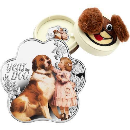 【币观天下】第120期钱币拍卖～ 纽埃2018年1新西兰元，中国生肖狗年 梅花型 古诗“鸡犬过霜桥，步步梅花竹叶”异形亮光彩色精制银币