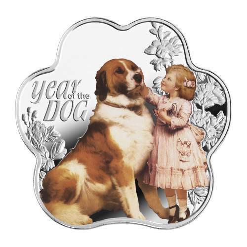 【币观天下】第120期钱币拍卖～ 纽埃2018年1新西兰元，中国生肖狗年 梅花型 古诗“鸡犬过霜桥，步步梅花竹叶”异形亮光彩色精制银币