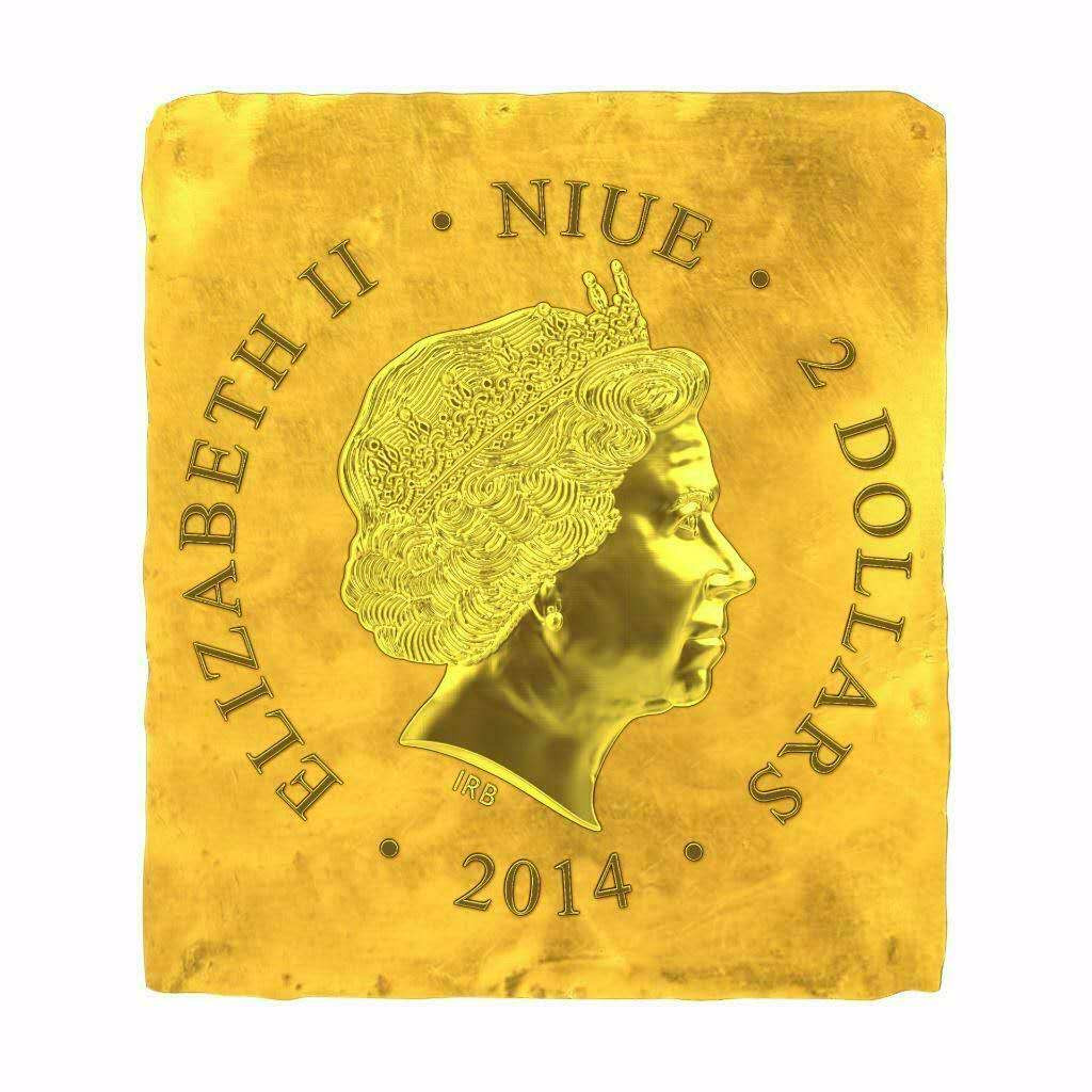 【币观天下】第120期钱币拍卖～ 纽埃2014年2元，1盎司、畸形设计、异形(方形)、整体镀24K金、超高亮光(镜面光)彩色、币边铸编号，世界圣像遗产系列(正教先知系列) ---巨人“圣.保罗”，精制艺术银币