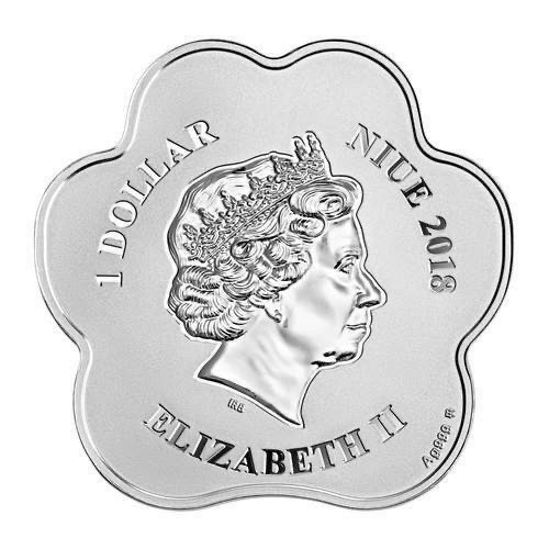 【币观天下】第120期钱币拍卖～ 纽埃2018年1新西兰元，中国生肖狗年 梅花型 古诗“鸡犬过霜桥，步步梅花竹叶”异形亮光彩色精制银币