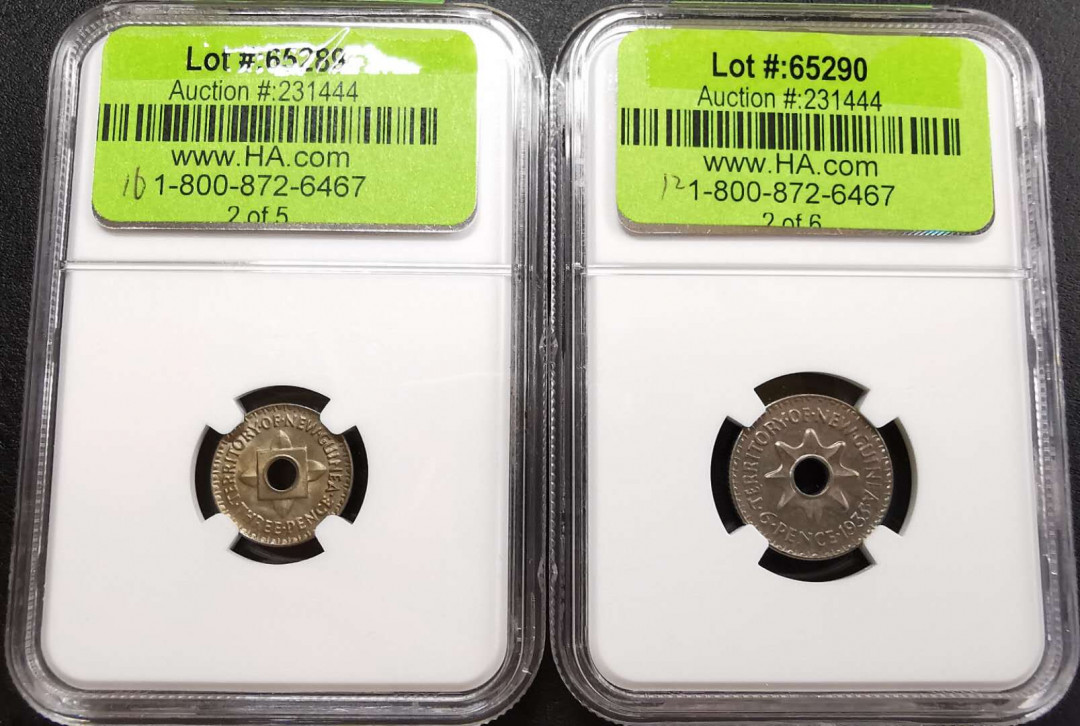 凡希社世界钱币微拍第一百三十一期 英属新几内亚3P/6P一对NGC-MS63/65