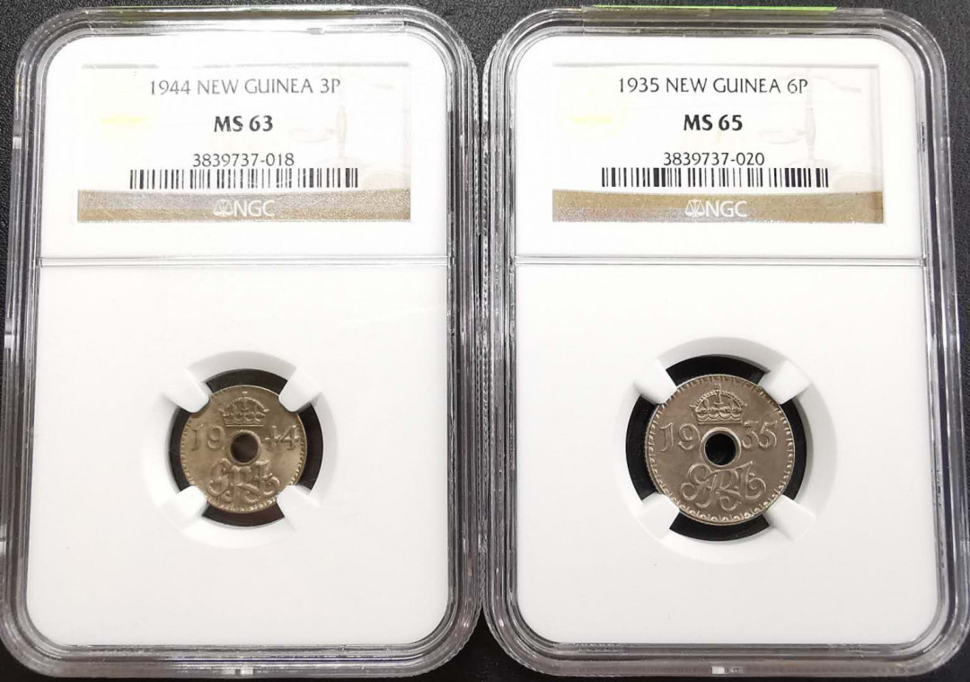 凡希社世界钱币微拍第一百三十一期 英属新几内亚3P/6P一对NGC-MS63/65