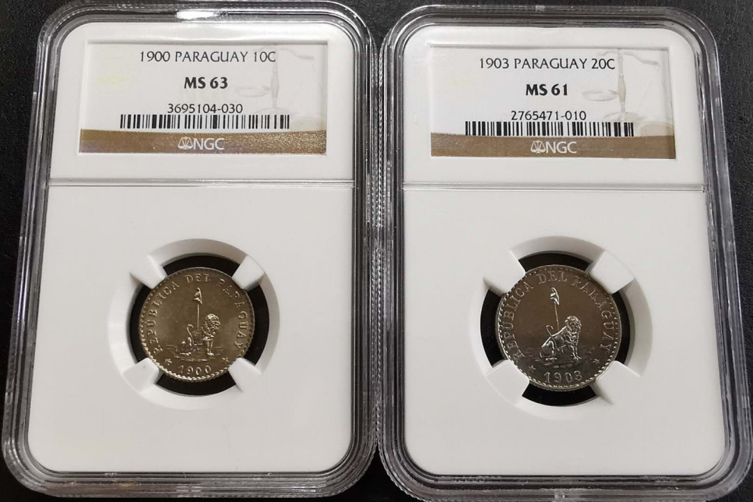 凡希社世界钱币微拍第一百三十一期 1900/03巴拉圭狮子自由帽10分20分一对NGC-MS61/63