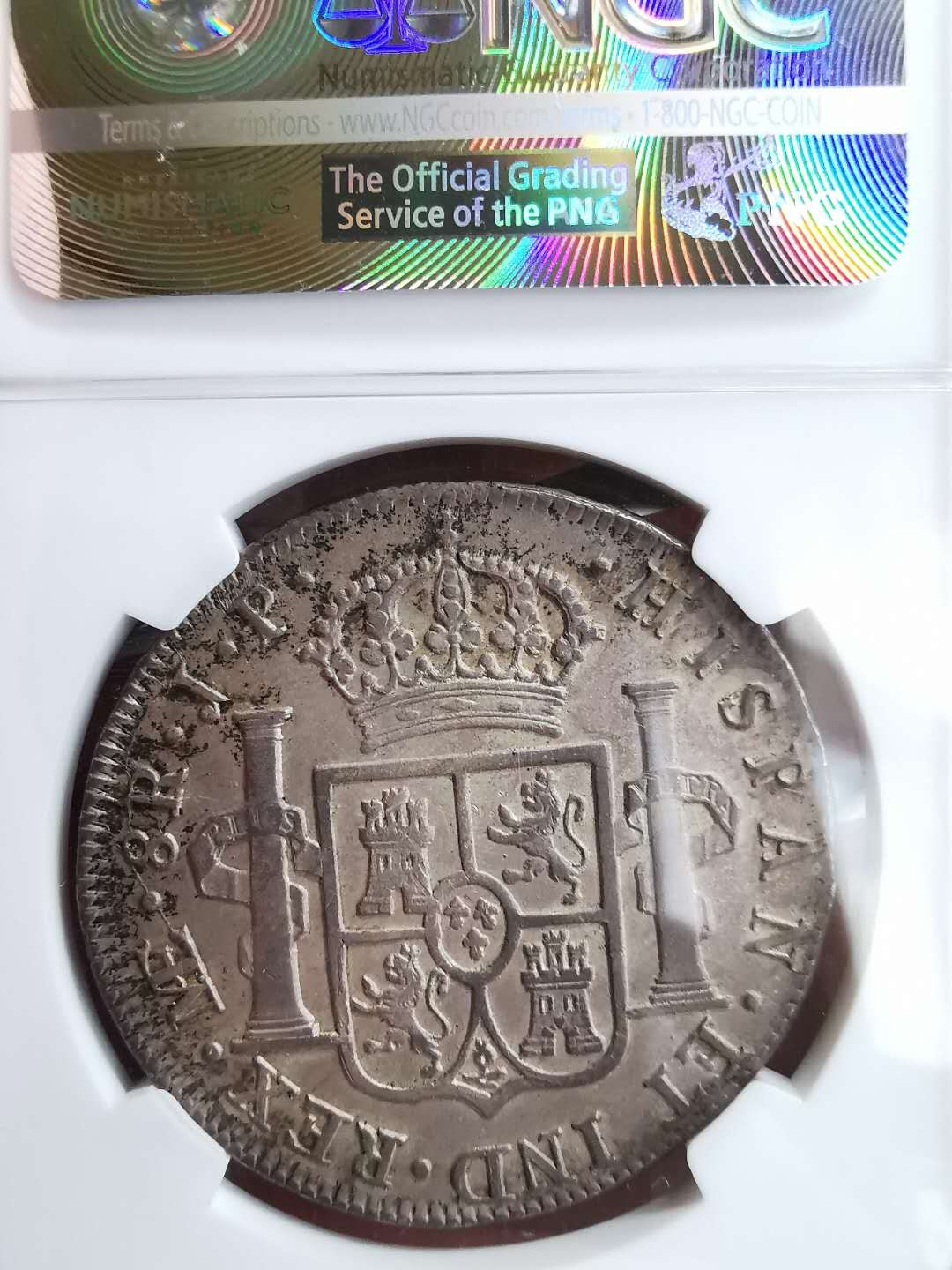 凡希社世界钱币微拍第一百三十一期 荐！1810秘鲁费七臆造头像双柱大银NGC-AU53灰色欧洲包浆！