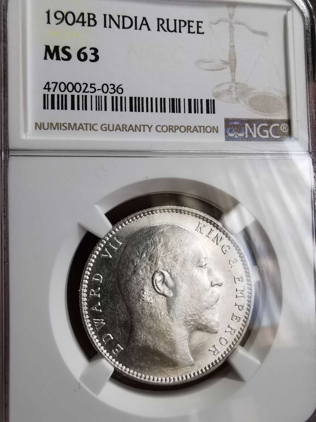 凡希社世界钱币微拍第一百三十一期 1904B英属印度爱七卢比NGC-MS63原色银光！