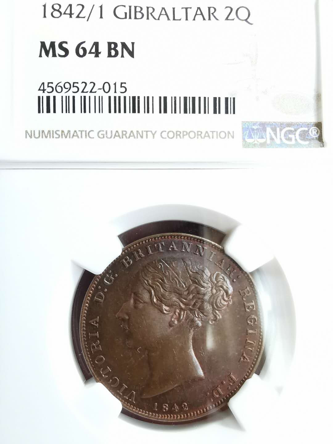 凡希社世界钱币微拍第一百三十一期 稀！1842/41直布罗陀小维2Q铜NGC-MS64高分收藏级！