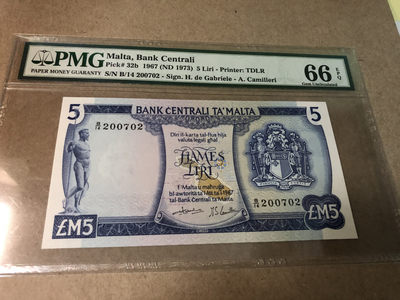 【Blue Auction】世界纸币精拍第十七期——印度洋上的明珠 (共60拍） - 马耳他 1967年 5里拉 PMG66EPQ p32b 经典彩背