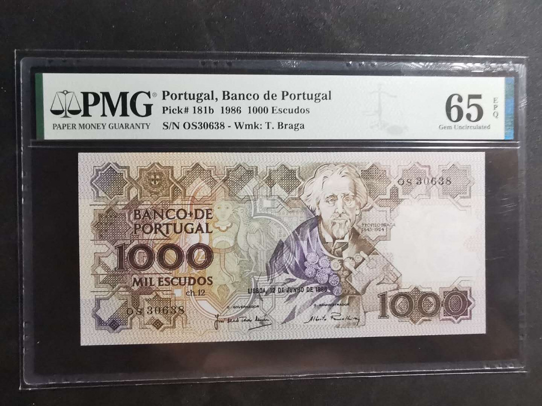 【鲸贝乐淘】千字文·第“仁慈隐恻，造次弗离”号拍卖 【葡萄牙🇵🇹 】1986年1000埃斯库多，PMG65E 
